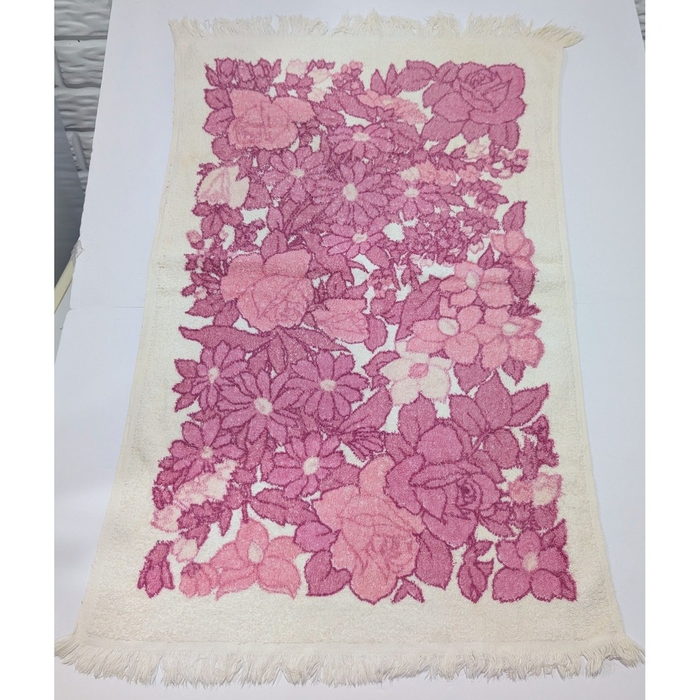 Vintage Pink Floral Fringed Hand Towel Retro Rose Terry Cloth Cream 20x31 MCM